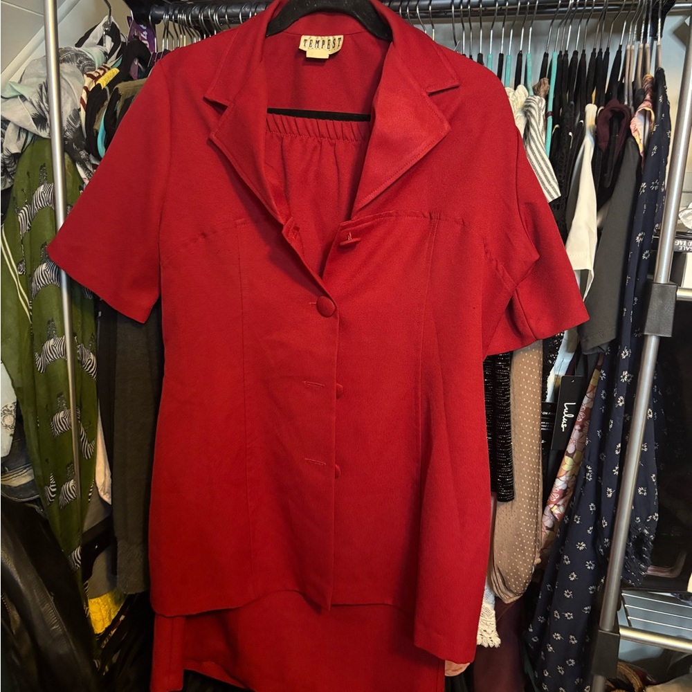 Vintage 80s 2 Piece Vibrant Red Buttoned Short Sleeve Blazer with Skirt Set